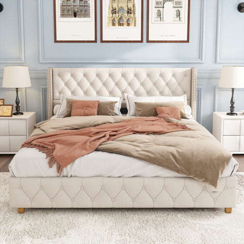 UK Local Upholstered Bed,Double Bed-4ft6 135x190cm ,With Slatted Frame And Headboard, Button Upholstery, Rivet Upholstery, Wooden Legs, Linen, Beige