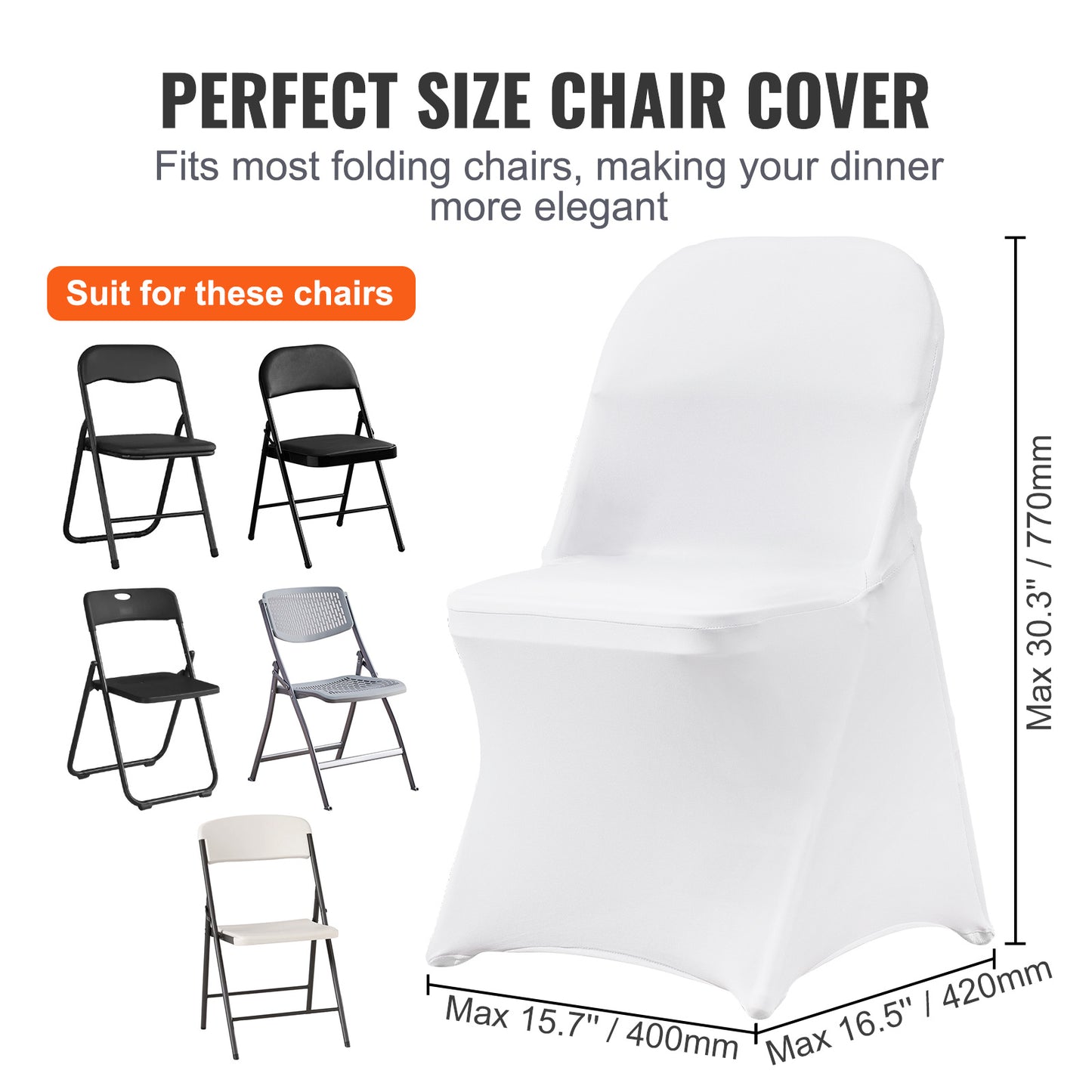 US Local VEVOR White Stretch Spandex Chair Covers - 30 PCS, Folding Kitchen Chairs Cover, Universal Washable Slipcovers Protector, Removable Chair Seat Covers, For Wedding Party Dining Room Banquet Event