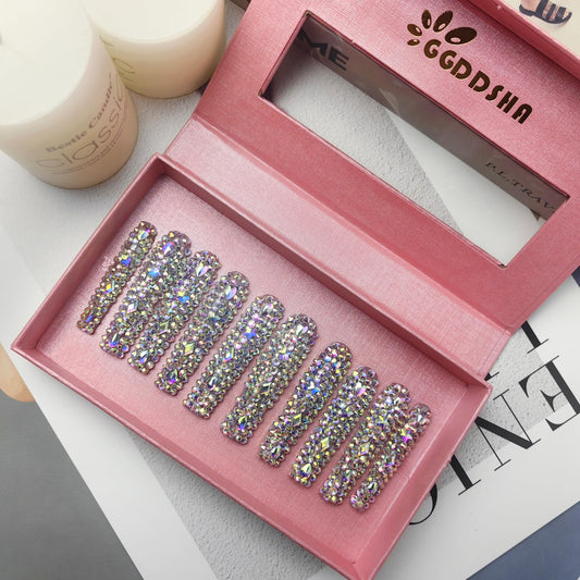 US Local GGddsha 2025 Long Novel Design And Reusable PMMAAcrylic Press On Nails Handmade Nails Full CoverLuxurious 3D Crystal False Nails With Box Gifts,Stellar Shine