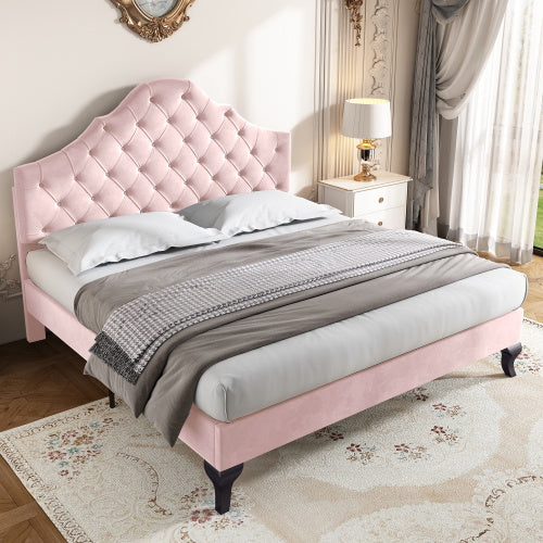 UK Local Upholstered Bed With Slatted Frame And Headboard, 4ft6 Double Bed,135x190,Upholstered Bed With Height-adjustable Headboard, Youth Bed, Wooden Slat Support, Easy Assembly, Velvet, Beige