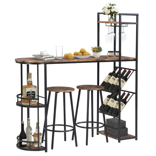 UK Local Industrial Bar Table Set With 2 Chairs, Counter Height Kitchen Dining Table, Wine Rack, And Side Storage, Rustic Brown