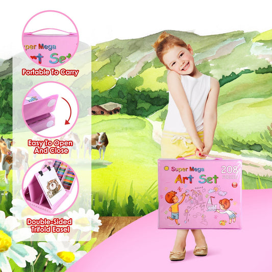 US Local 208Pcs Drawing Art Kit Art Supplies For 3 To 12Years Old Girls Boys Art Storage Box With Double Sided Trifold Easel Oil Pastels Crayons Colored Pencils Watercolors Pens Markers Gift For Kids