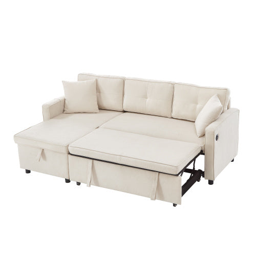 UK Local L-Shaped Pull Out Sleep Sofabed, Modern Reversible Sleeper Sectional Sofa, 3 In 1 Convertible Sofa Bed With Storage Chaise, Drop-Down Table, Cup Holders And Charging Ports