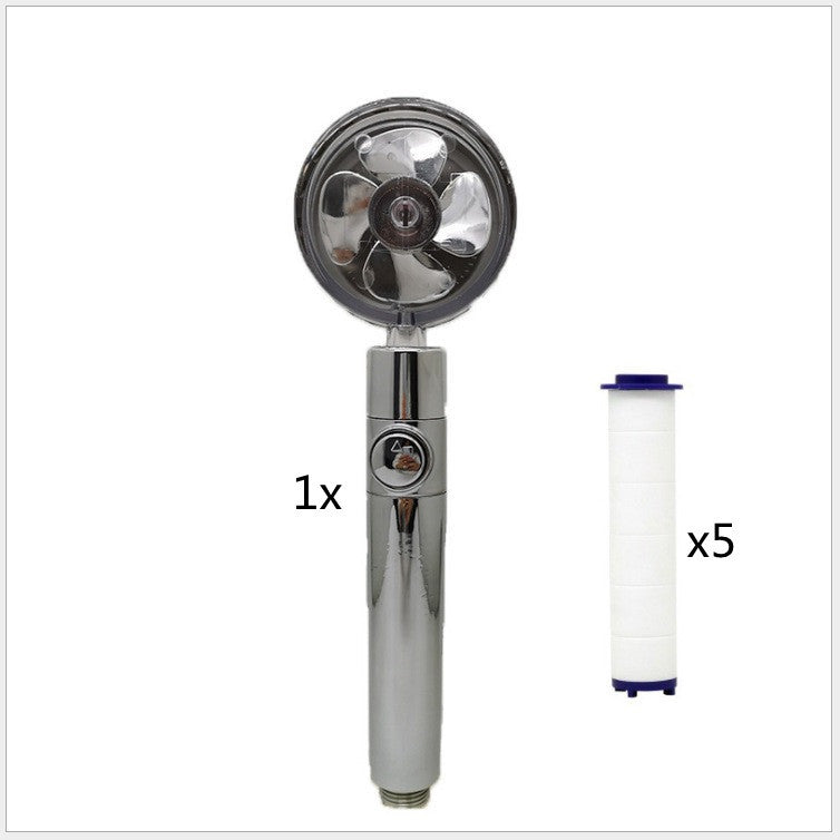 US Local Propeller Driven Shower Head With Stop Button And Cotton Filter Turbocharged High Pressure Handheld Shower Nozzle