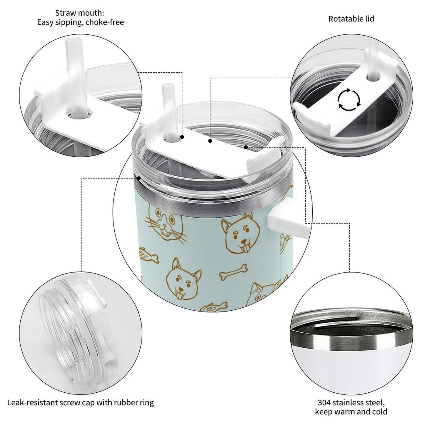 PHDT00262 POD US Local Tumbler 40 oz Large Capacity Car Cup Cat Dog Fish Bones Pets Green