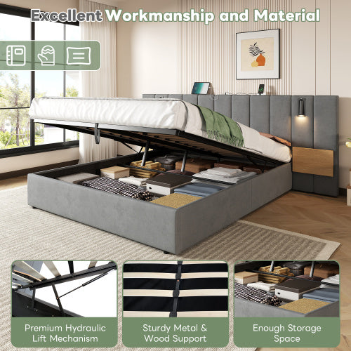 UK Local King Upholstered Bed With Charging Station, Velvet Hydraulic Storage Bed With Reading Light, 5ft King Bed Frame With Channel Tufted Headboard And Adjustable Bedside Shelf, Grey No Mattress