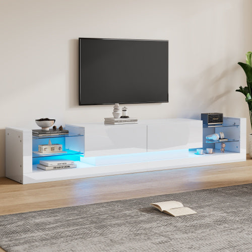 UK Local Open Glass Storage TV Stand With LED Lights For TV Cabinets Up To 75 Inches High Gloss Panel, Modern Minimalist Style Media Entertainment Center Console Cabinet Table With 2 Closed Sliding Door, White