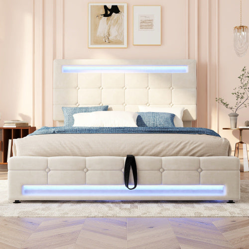 UK Local Upholstered Bed, Hydraulic Bed, Adults Teenagers 4ft6 Double Bed 135x190cm, Square Embellishment, With 7colors LED-light Strips, Velvet Iron, Beige
