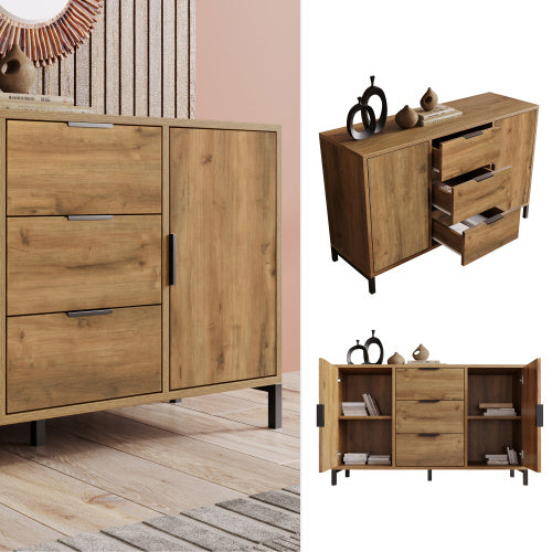 UK Local Sideboard Cabinet For Living Room, Chest Of Drawers With With 2 Doors And 3 Drawers, Adjustable Shelf, Dark Oak, 40D X 120W X 76H Centimetres