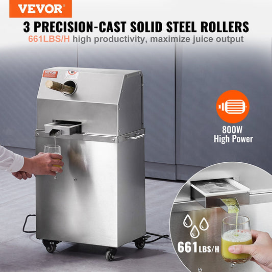 US Local Electric Sugar Cane Juicer, 800W Sugarcane Juicer Machine With 661LBS/H High Output, 3 Stainless Steel Rollers, 2.4" Large Inlet, Sugarcane Juice Extractor Squeezer On Wheels For Home/Commercial