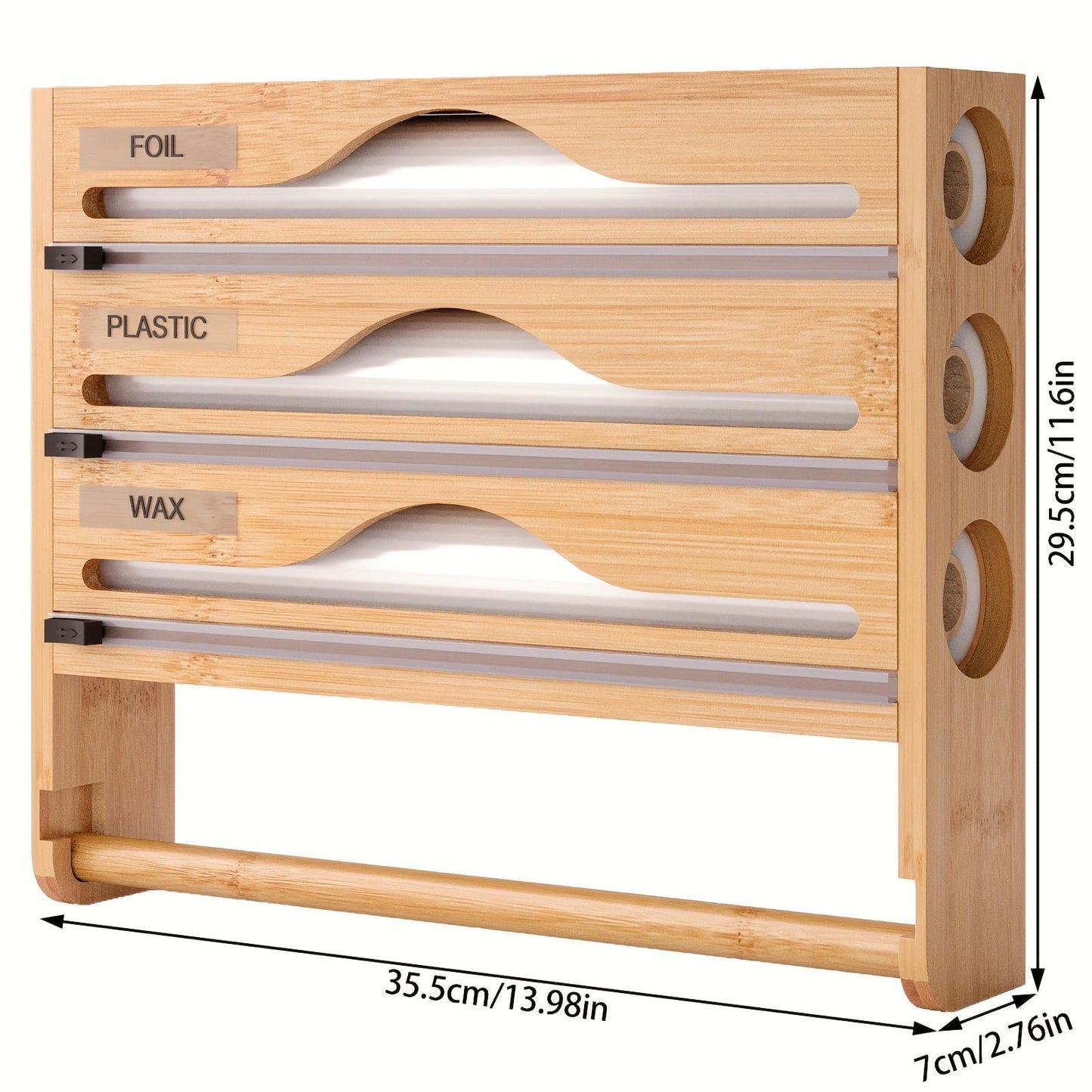 US Local Bamboo Plastic Wrap Cutter With Paper Towel Holder Kitchen Wall-mounted Tinfoil Cutter With Three-grid Cutter And Paper Towel Storage Rack