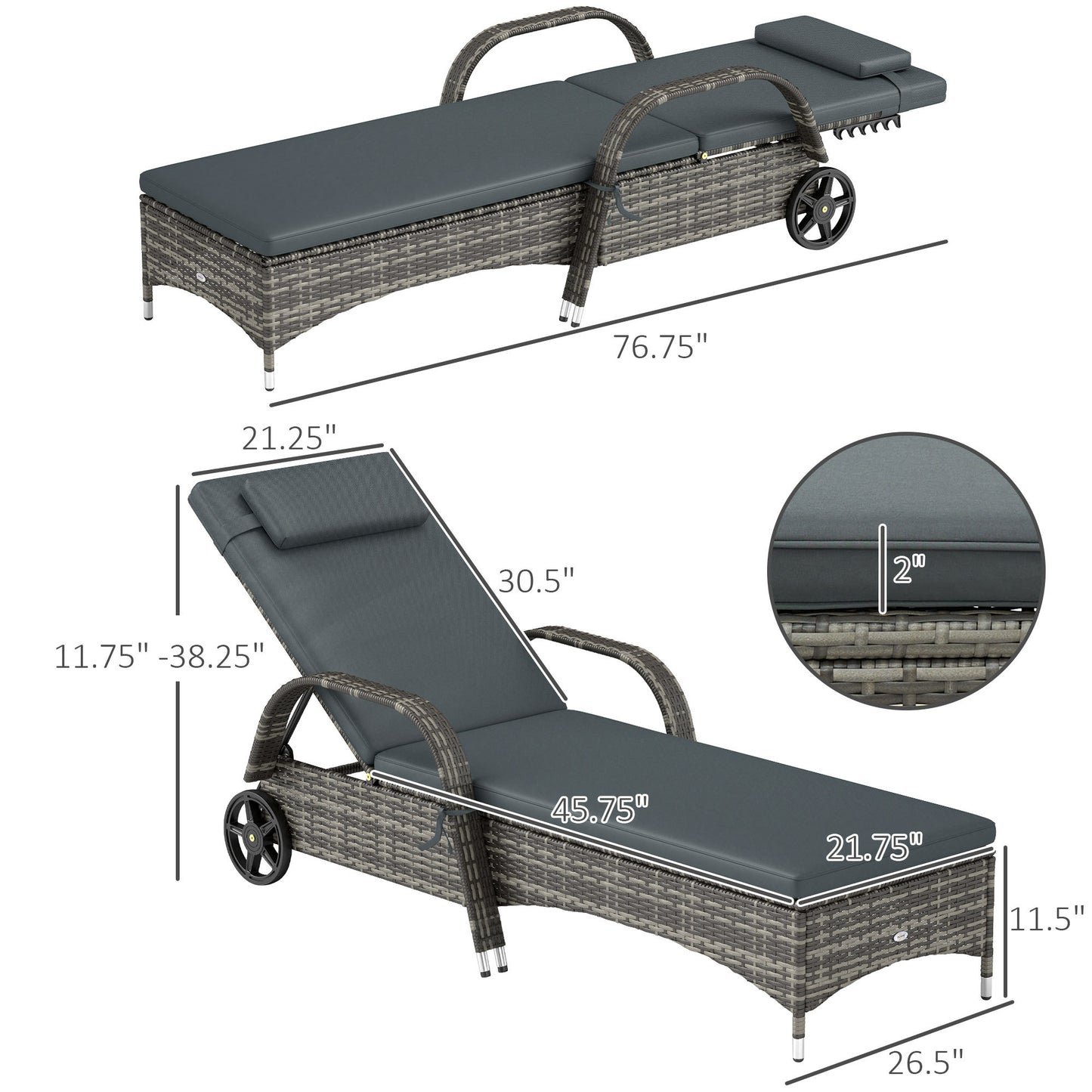 Outdoor Chaise Lounge, 5-Level Adjustable Backrest Rattan Pool Lounge Chair With Wheels, Cushion & Headrest, Black