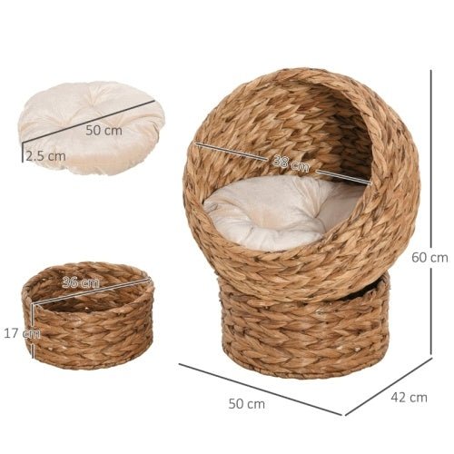 UK Local PawHut Wicker Cat Bed, Raised Rattan Cat Basket With Cylindrical Base, Soft Washable Cushion, 50 X 42 X 60 Cm - Brown
