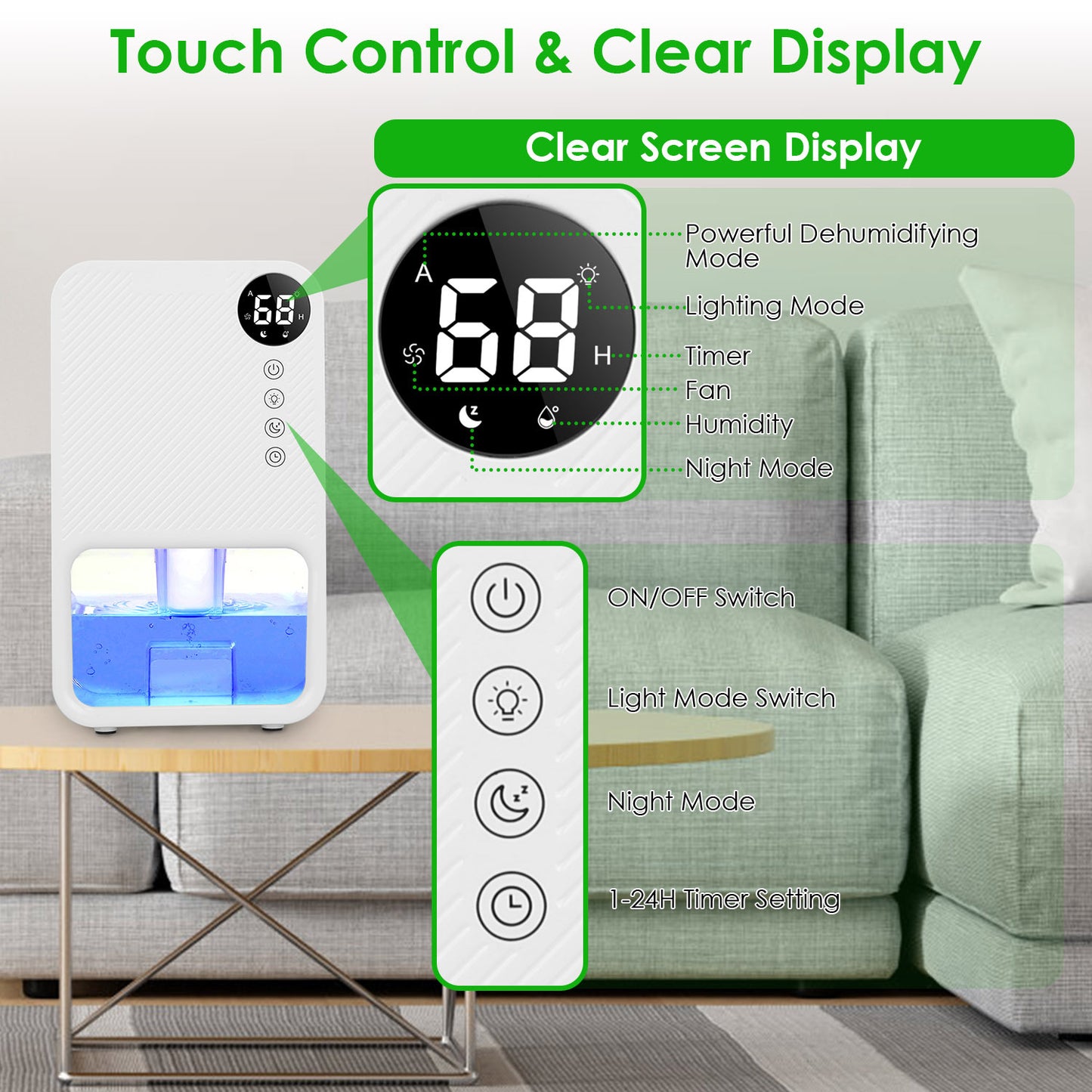US Local 1Pc 37OZ Dehumidifier Indoor Portable Small Dehumidifier With Sleep Mode 24H Timer 7Color Lighting Touch Control For Home Bathroom Basement Closet RV Bedroom