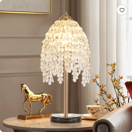 US Local 19 Elegant Crystal Table Lamp Vintage Waterfall Design With Teardrop Grape Crystal Bead String Shades And Marble Textured Base For Living Room, Bedroom, Or Office Bulb Not Included