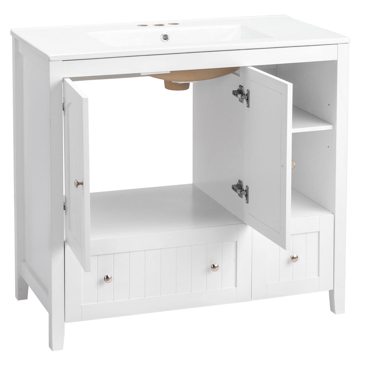 US Local White MDF Painted Double Door Double Drawer With Masking Strip Basin Cabinet 91x46x82cm
