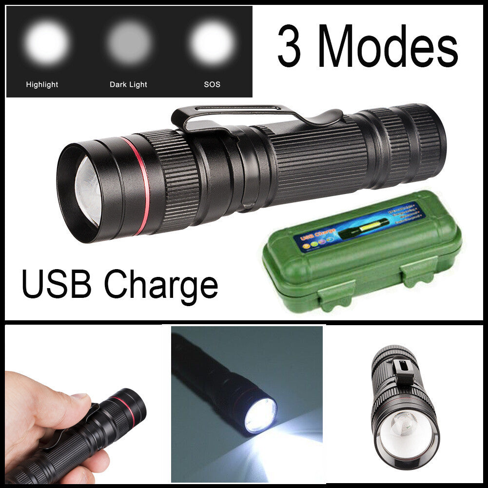 UK Local LED Military Flashlight USB Rechargeable Tactical Zoom Torch Most Powerful Mini Pen Light