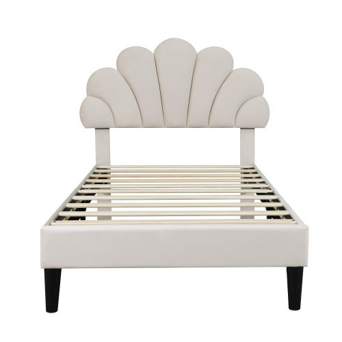 UK Local 3ft Single Upholstered Velvet Bed Frame, With Adjustable Chic Petal Headboard, Velvet Platform Bed Frame With Solid Wood Slat, No Box Spring Needed, Easy Assembly, Beige