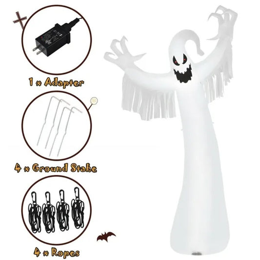 US Local Spooky Halloween Inflatable Ghost - 12 Ft Tall With LED Lights, Waterproof Fabric, Spikes Ropes For Stability, White