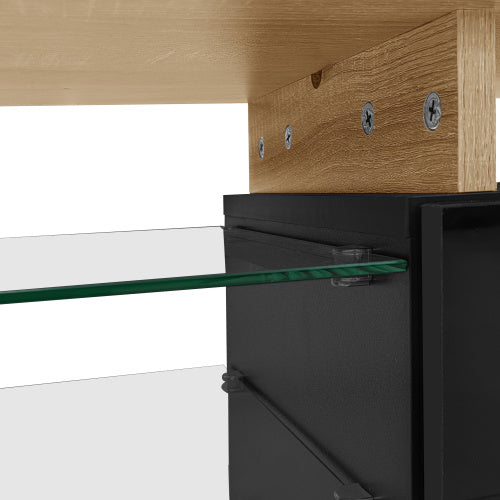 UK Local Modern TV Cabinet Design Stylish And Elegant, Practical Storage Space, Black And Wood Look, Glass Shelves, LED Lighting