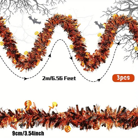 US Local 3 Pack 6.56 Ft Halloween Tinsel Garland With Pumpkin Sequins Orange Black Mixed Colors Glitter Metallic Tinsel Decoration Twisted Garland For Halloween Thanksgiving Trick Or Treat Fall Party Supplies