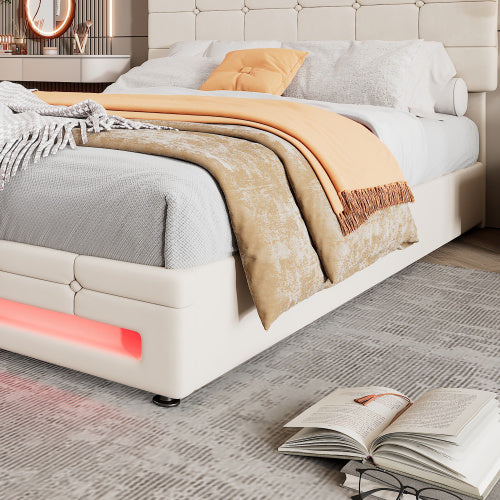UK Local Upholstered Bed, Hydraulic Bed, Adults Teenagers 4ft6 Double Bed 135x190cm, Square Embellishment, With 7colors LED-light Strips, Velvet Iron, Beige