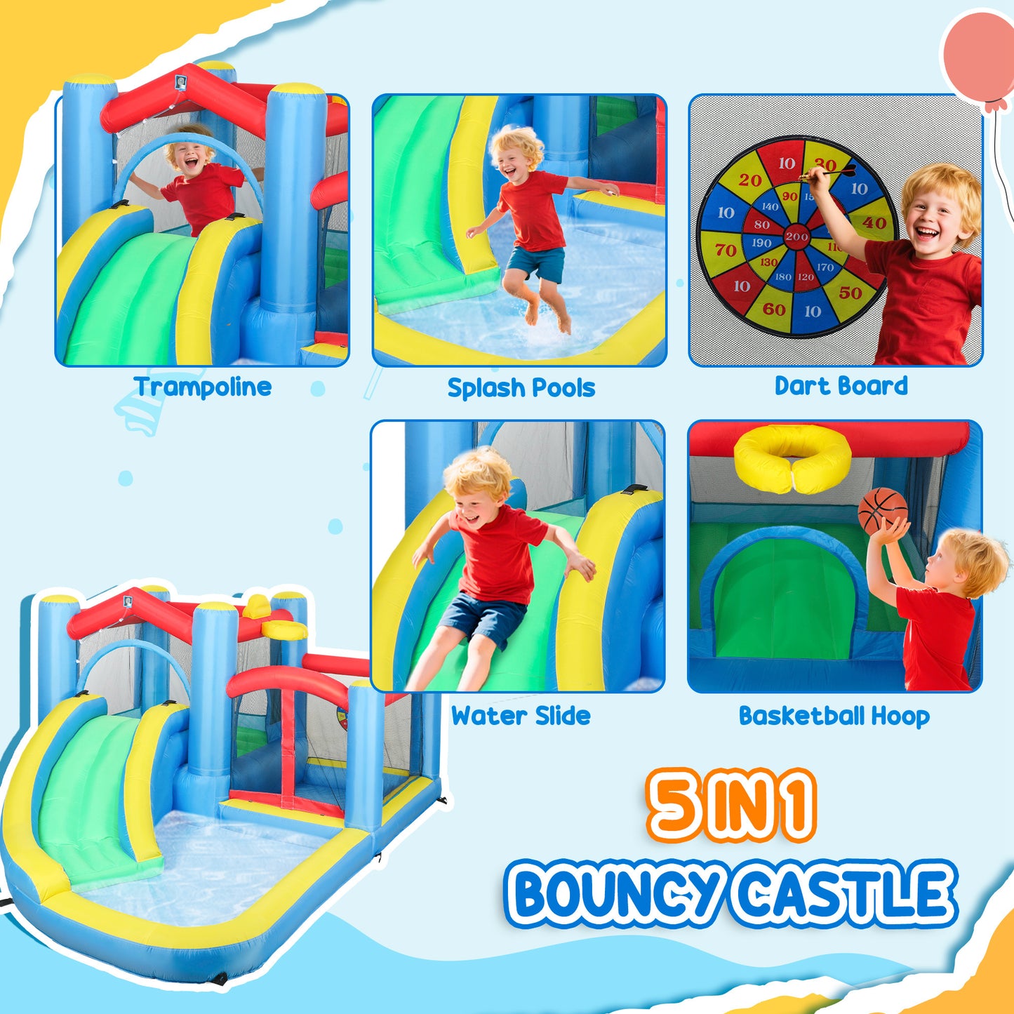 US Local Inflatable Water Slide Bounce House W 550W Blower, Large Trampoline, Splash Pool, Basketball Hoop, Dart Board