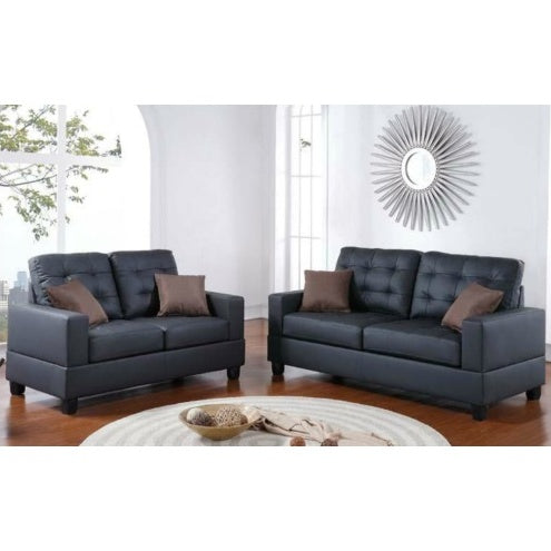 USA Local Living Room Furniture 2pc Sofa Set Black Faux Leather Tufted Sofa Loveseat W Pillows Cushion Couch