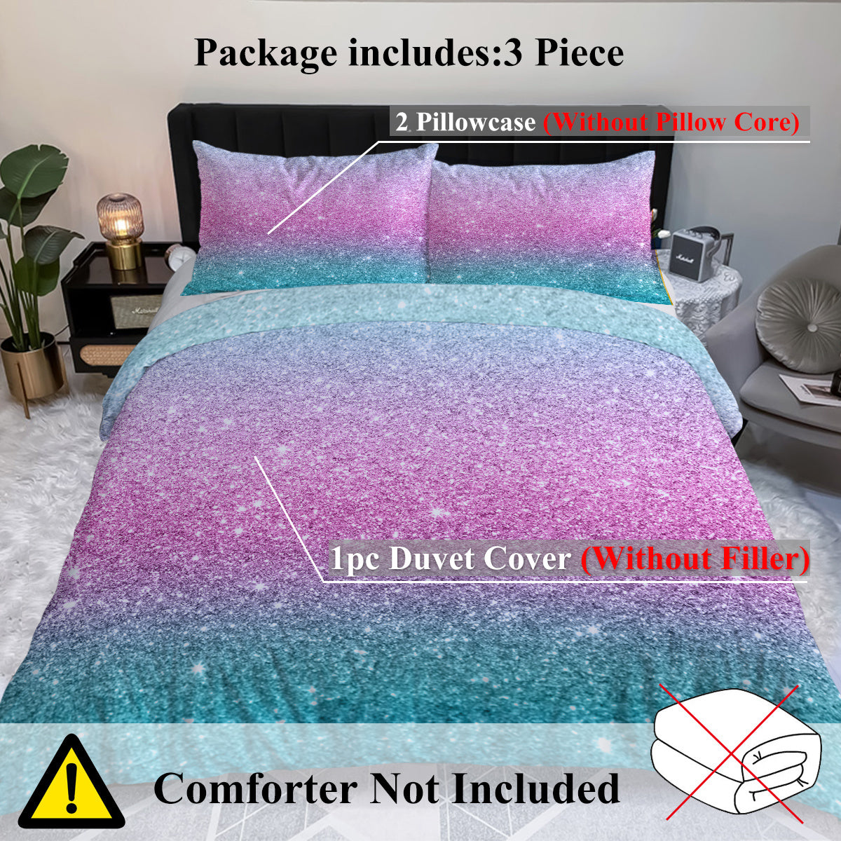 US & UK Local Girly Duvet Cover Rainbow Glitter Ombre Bedding Sets 3 Pcs Chic Purple Blue Green Pastel Bed Spreads Sparkle Quilt Cover Set With 2 Pillow Shams