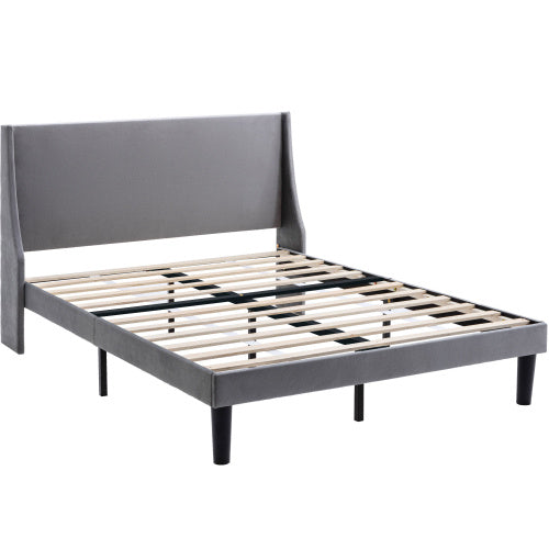 UK Local Double Bed Soft Linen Grey 4FT6 Upholstered Bed With Winged Headboard, Wood Slat Support