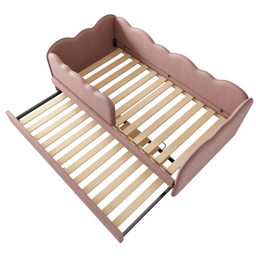 UK Local Upholstered Bed Daybed 90 X 190 Cm, 3FT Single Bed With Pull Out Trundle, Sofa Bed For Adults And Children, Single Daybed With Slatted Frame, Velvet, Pink No Mattress