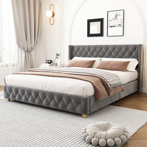 UK Local Upholstered Bed,King Size Bed-5ft 150x200cm ,With Slatted Frame And Headboard, Button Upholstery, Rivet Upholstery, Wooden Legs, Velvet, Grey