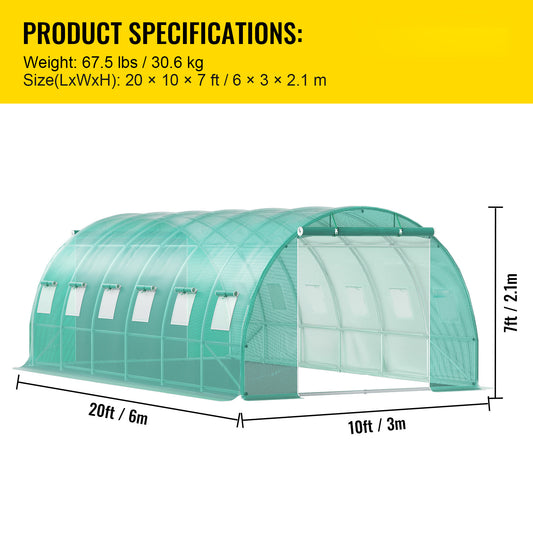 US Local VEVOR Walk-in Tunnel Greenhouse, 20 X 10 X 7 Ft Portable Plant Hot House W Galvanized Steel Hoops, 3 Top Beams, Diagonal Poles, 2 Zippered Doors 12 Roll-up Windows, Green