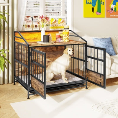 US Local Multi-function Furniture Style Dog Crates With Storage, Dog Crate Furniture Large Wooden Dog Kennel With Double Doors, For Large Medium Dog Indoor, Brown