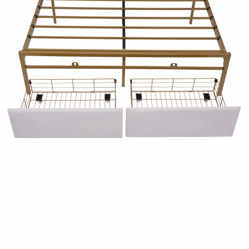 UK Local 4ft6 Double Bed Frame With 2 Storage Drawers, RGB LED Storage Headboard With Charging Station, Velvet Bed Frame, With Chrome Decoration, No Box Spring Needed, Easy Assembly, Beige