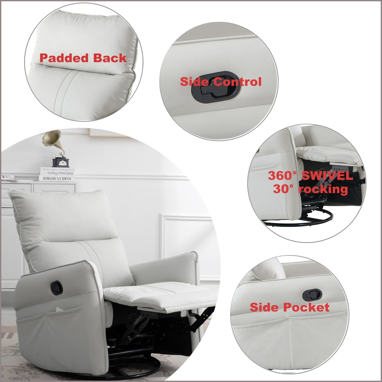 360 Swivel Rocking Recliner Chair, Nursery Glider, Modern Small Rocker