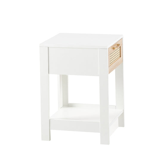 US Local 15.75 Rattan End Table With Drawer, Modern Nightstand For Bedroom, White