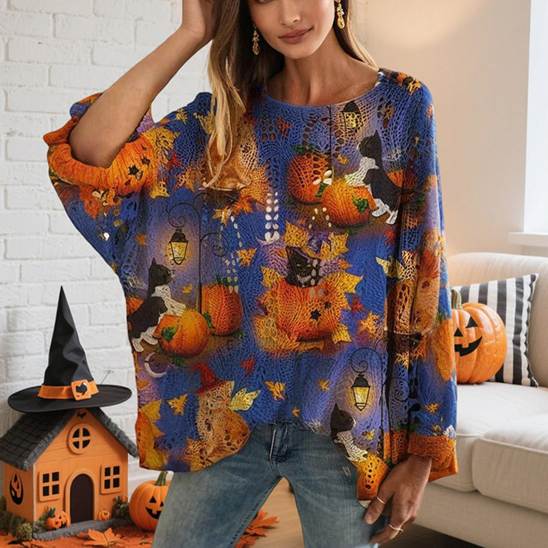 Women's Diamond Hollow Out Batwing Sleeve Top - Loose Fit Pumpkin Halloween Print Blouse For Spring Summer