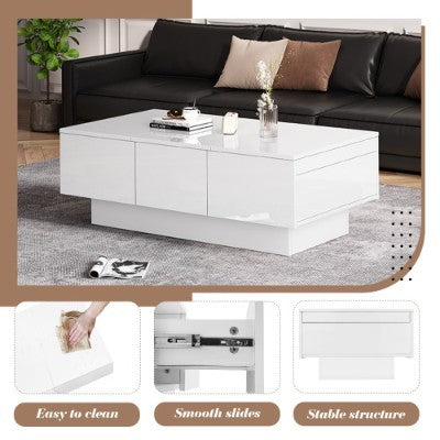 UK Local Coffee Table For Living Room, Modern Side Table Wooden Centre Table, White High Gloss Coffee Tea Tables With 2 Drawers And 2 Big Storage Space For Home Office Furniture