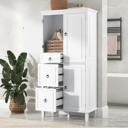 US Local Retro Multi-Functional Storage Cabinet With Adjustable Shelves, 3 Drawers, And 3 Enclosed Compartments Stylish And Versatile Organizer For Living Room, Kitchen, Or Office, White