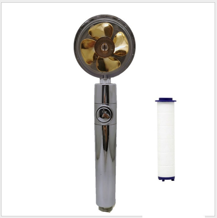 US Local Propeller Driven Shower Head With Stop Button And Cotton Filter Turbocharged High Pressure Handheld Shower Nozzle