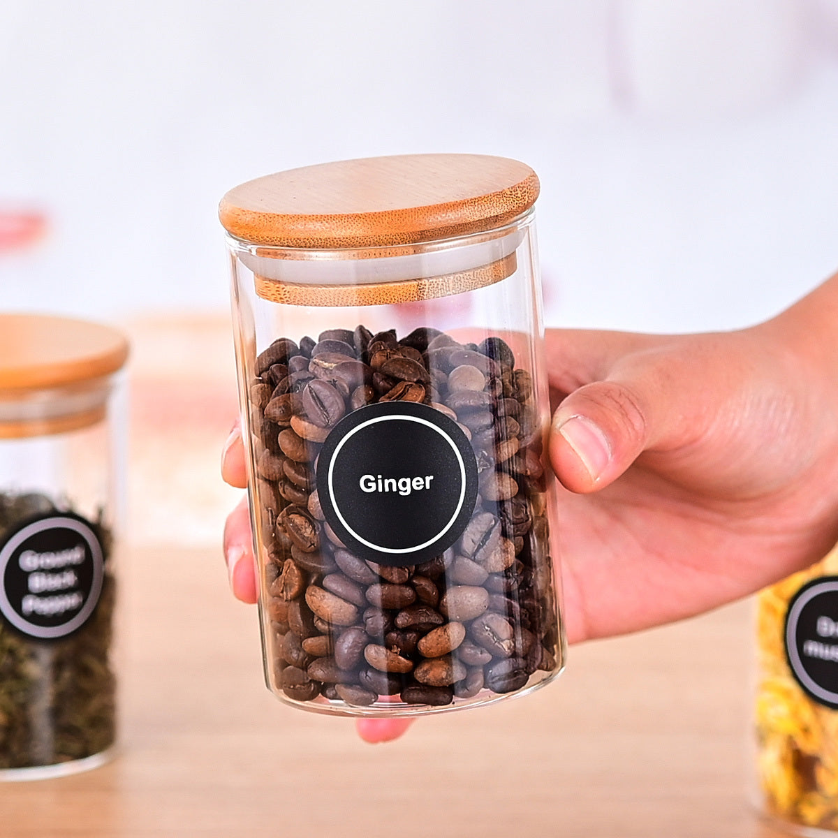 US Local 12 Pcs Round Spice Jars With Bamboo Lids And Stickers, Glass Storage Jars, Candy Jars, Coffee Jars, Salt Jars, Pepper Jars, Tea Jars