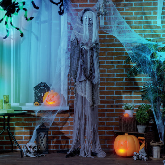 US Local 74inch Life Size Outdoor Halloween Decorations Skeleton Witch, Sound And Motion Activated Animated Prop Animatronic Decor With Light Up Eyes, Spooky Sound