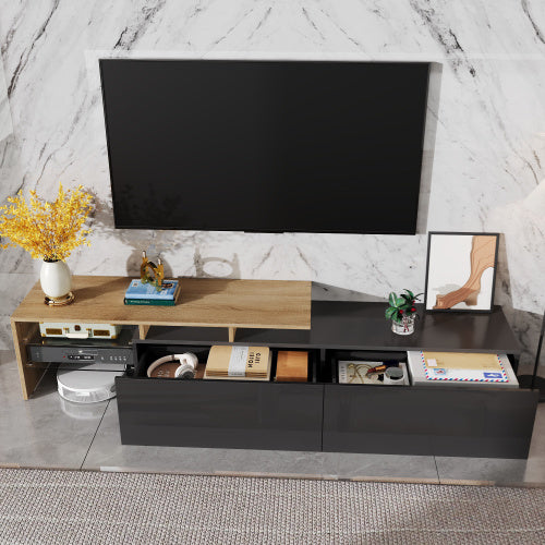 UK Local Modern TV Cabinet Design Stylish And Elegant, Practical Storage Space, Black And Wood Look, Glass Shelves, LED Lighting