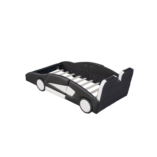 US Local Twin Size Race Car-Shaped Platform Bed With Wheels, Black