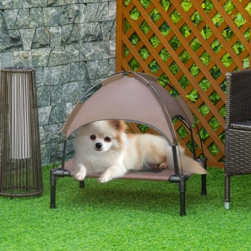UK Local PawHut Raised Dog Bed Waterproof Elevated Pet Cot With Breathable Mesh UV Protection Canopy Brown, For Small Dogs, 61 X 46 X 62cm