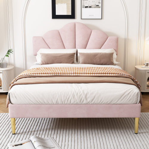 UK Local Velvet Upholstered Bed,Double Bed 4ft6 135x190cm, Shell-like Bed With Golden Iron Legs, Height Adjustable Headboard, Wooden Slatted Frame,