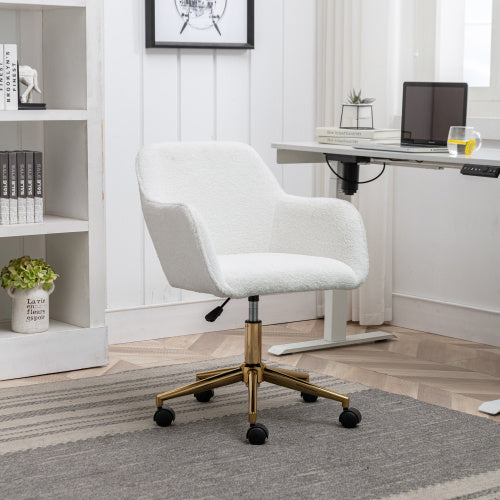 UK Local New Teddy Fabric Material Adjustable Height Swivel Home Office Chair For Indoor Office With Gold Legs,White