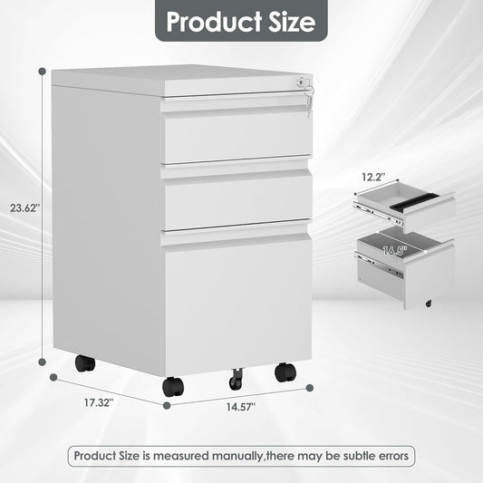US Local 3 Drawer Mobile File Cabinet With Lock, Under Desk Metal Filing Cabinet For Office,Home,A4 Legal Letter Size, Fully Assembled White