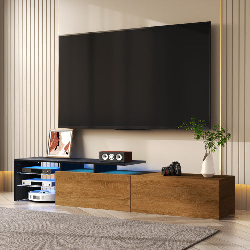 UK Local Modern TV Cabinet Design Stylish And Elegant, Practical Storage Space, Black And Wood Look, Glass Shelves, LED Lighting